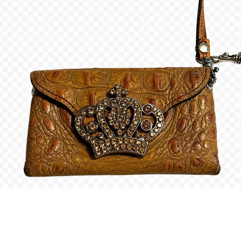 Raviani Crocodile Embossed Leather Crystal Crown Wristlet Belt Pouch Mini Vacay